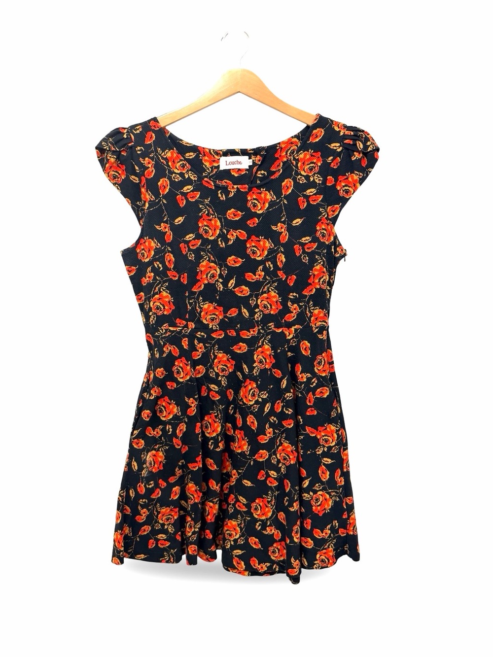 Louche Black Floral Mini Dress Size US 8 Cap Sleeve Red Rose Fit & Flare